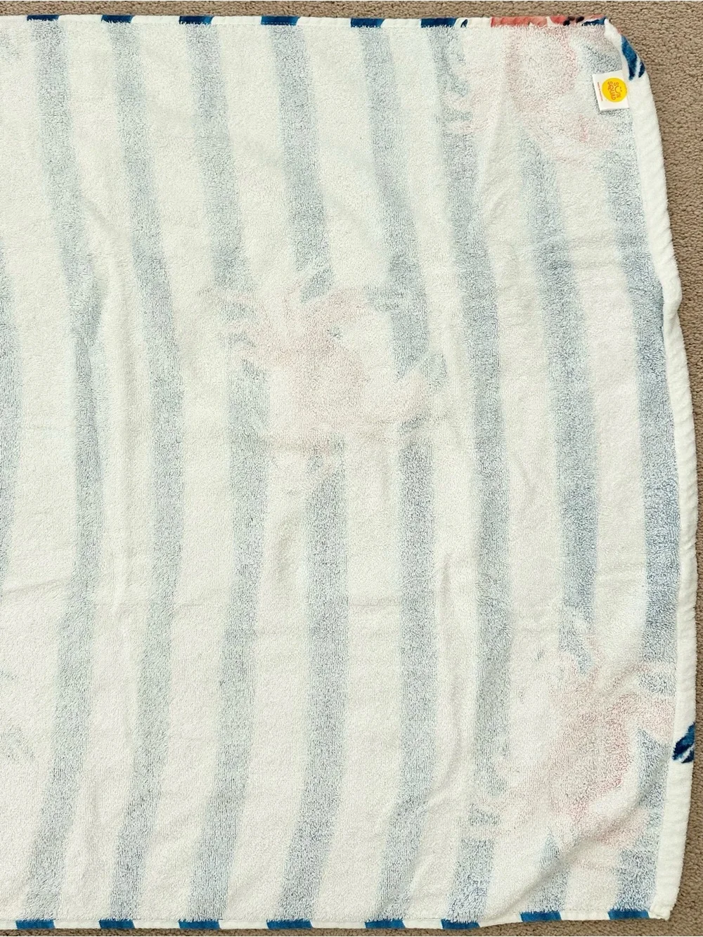 Sun Squad Blue & White Striped Beach Towel with Red Crab Print- Coastal/Nautical